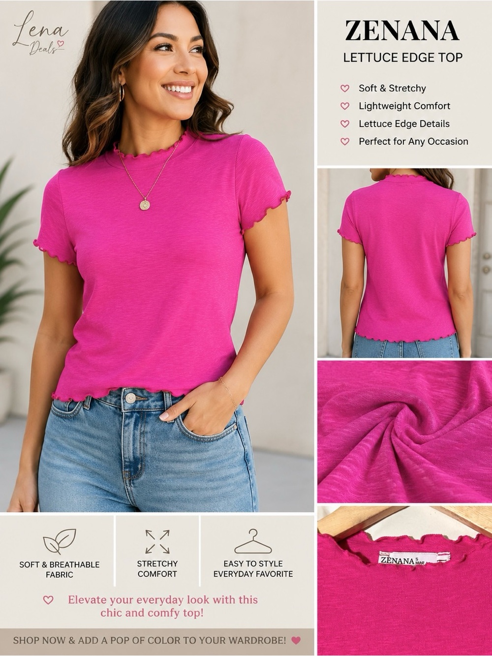 Zenana Lettuce Trimmed Cropped Short Sleeve T-Shirt Womens Hot Pink Sz Mix